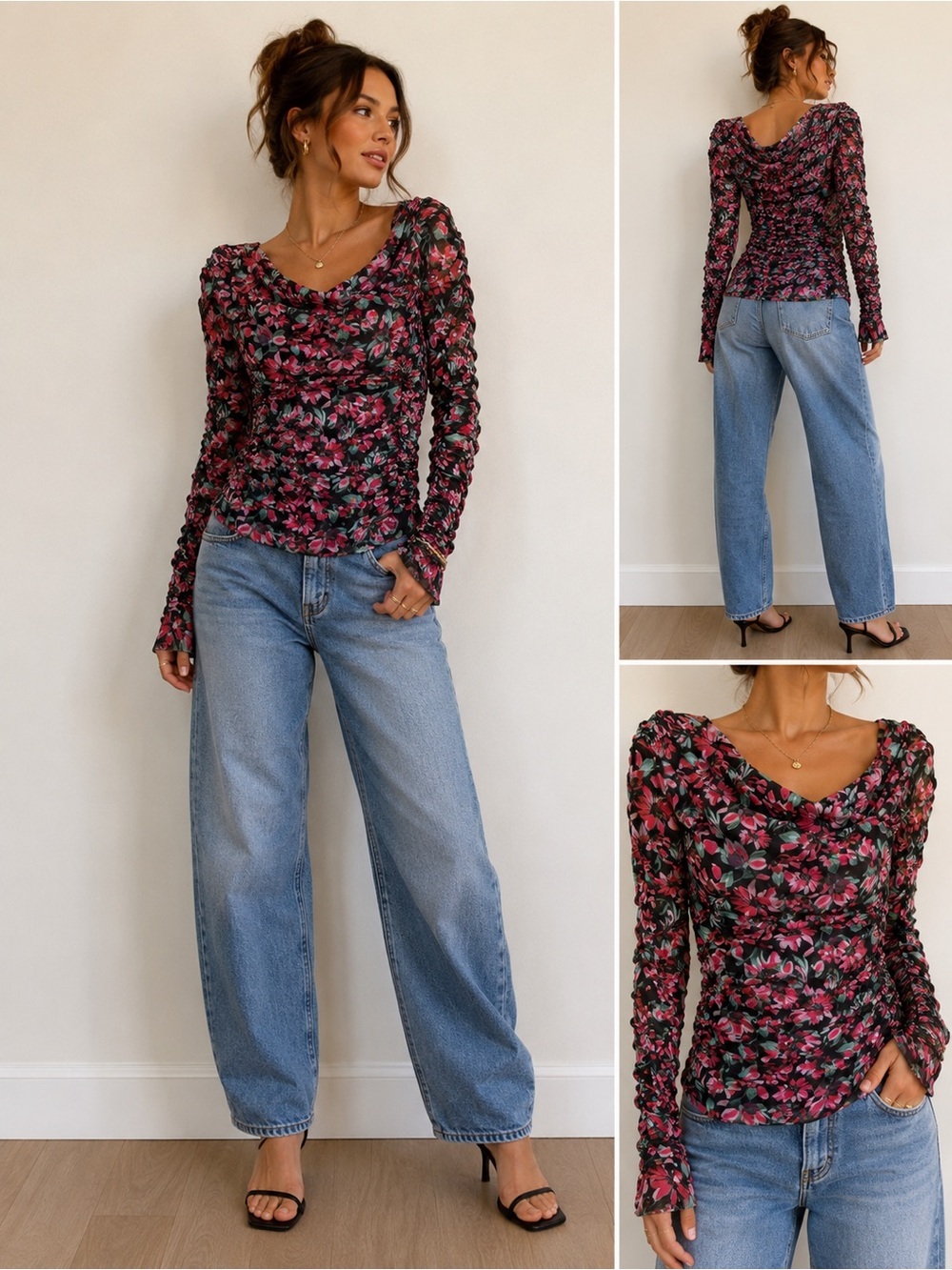 GUESS XL Floral Mesh Ruched Cowl Neck Long Sleeve Top Y2K